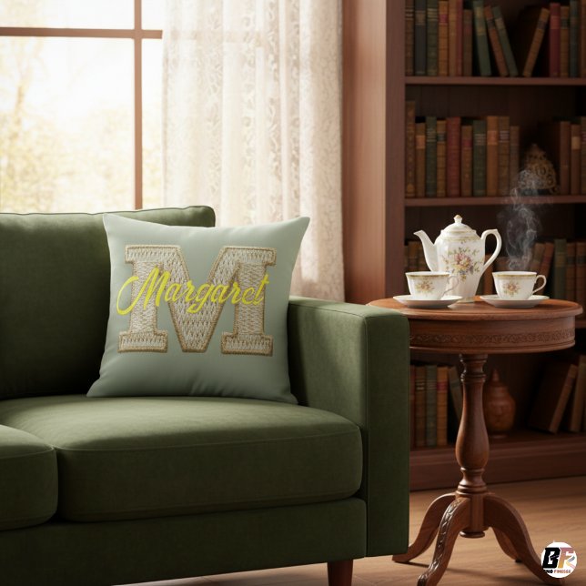 Sage Green Varsity Letter M Monogram Name Cushion (Creator Uploaded)