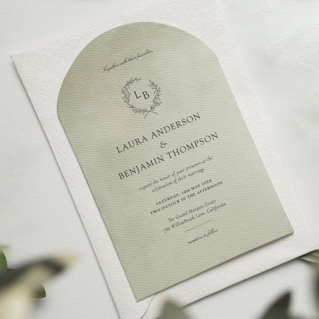 Sage Green Velvet Texture Minimalist Arch Wedding Invitation (Creator Uploaded)