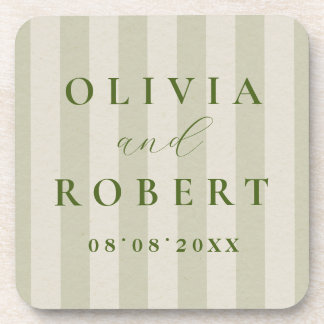 Sage Green Vertical Stripes Minimalist Wedding Coaster