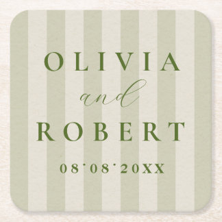 Sage Green Vertical Stripes Minimalist Wedding Square Paper Coaster