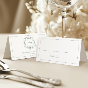 Sage Green Victorian Baroque Floral Crest Wedding Place Card