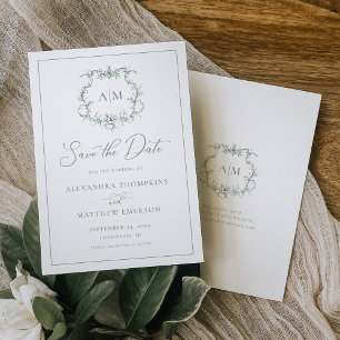 Sage Green Victorian Baroque Floral Crest Wedding Save The Date