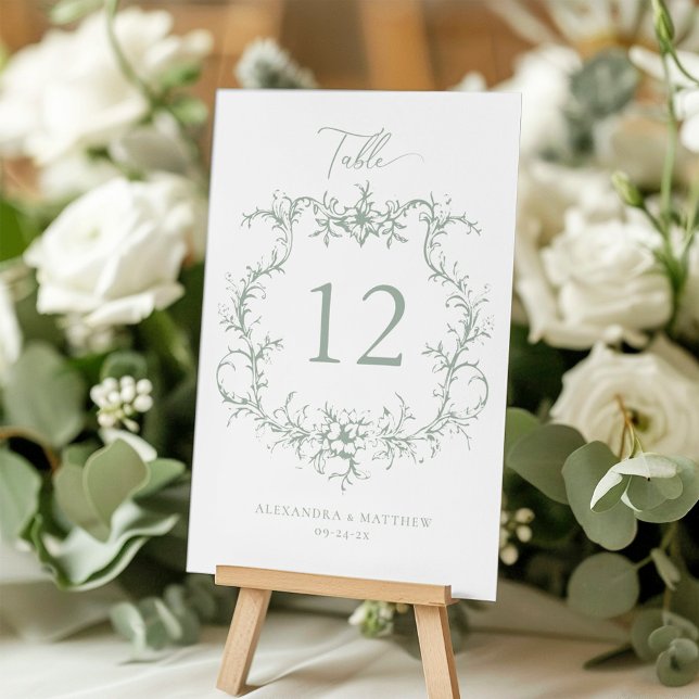 Sage Green Victorian Baroque Floral Crest Wedding Table Number (Creator Uploaded)