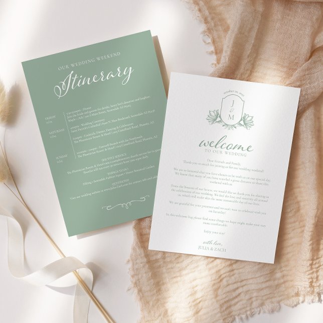 Sage Green Victorian Crest Welcome/Itinerary Invitation (Creator Uploaded)