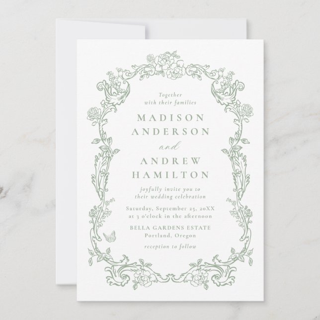 Sage Green Victorian Floral All in One Wedding Invitation (Front)