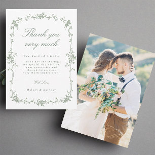 Sage Green Victorian French Floral Wedding Photo Thank You Card