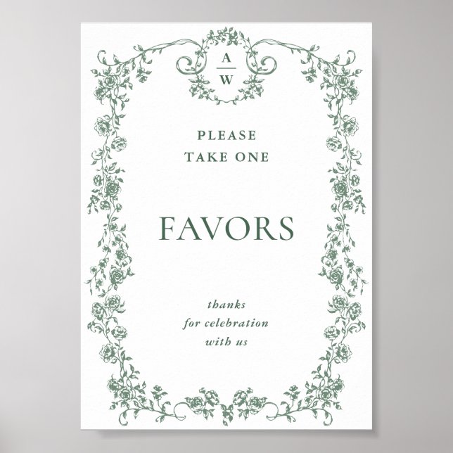 Sage Green Victorian Ornate Floral Favours Wedding Poster (Front)