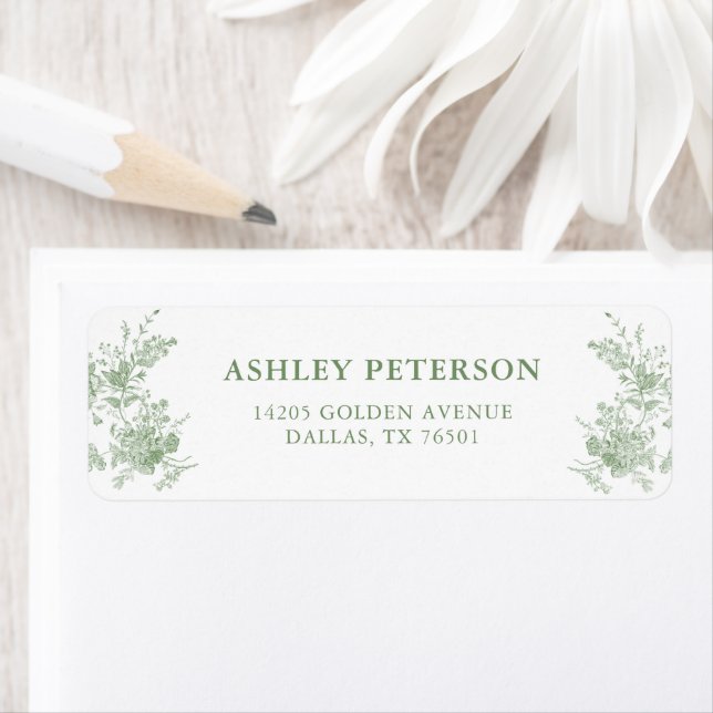 Sage Green Victorian Toile Wedding Return Address Label (Insitu)
