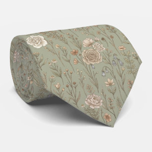 Sage Green Vintage Botanical Meadow Pattern Tie