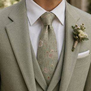 Sage Green  Vintage Botanical Meadow Pattern Tie