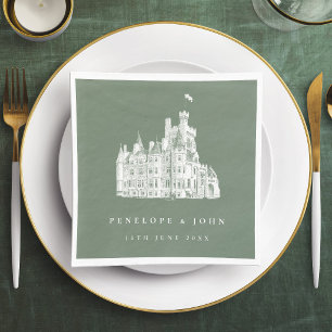 Sage Green Vintage Castle Illustration Wedding Napkin