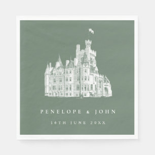 Sage Green Vintage Castle Illustration Wedding Napkin