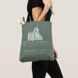 Sage Green Vintage Castle Illustration Wedding Tote Bag