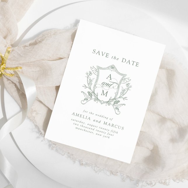Sage Green Vintage Crest Save the Date Invitation (Creator Uploaded)