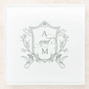 Sage Green Vintage Crest Wedding Glass Coaster