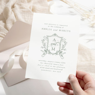 Sage Green Vintage Crest Wedding Invitation