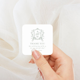Sage Green Vintage Crest Wedding Thank You Square Sticker