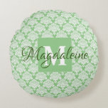 Sage Green Vintage Damask Monogram & Name  Round Cushion<br><div class="desc">This beautiful accent pillow features a classic white damask pattern over a sage green background. The design is personalised with a monogram initial letter as well as a customisable name. Perfect for decorating any room with a classic yet elegant style. Great house warming gift or perfect for decorating a dorm...</div>