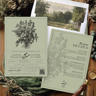 Sage Green Vintage Floral Boho All-In-One Wedding Invitation