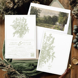 Sage Green Vintage Floral Elegant Garden Wedding Invitation