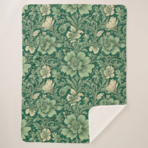 Sage Green Vintage Floral Pattern Sherpa Blanket