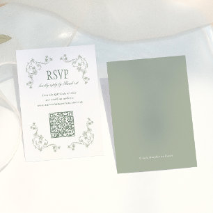 Sage Green Vintage Floral QR Code Wedding RSVP Enclosure Card