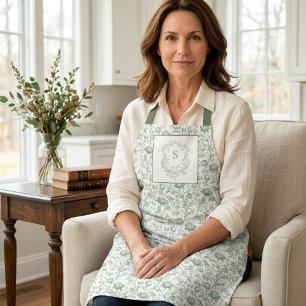 Sage Green Vintage Floral Toile Monogram Crest Apron