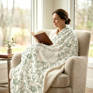 Sage Green Vintage Floral Toile Monogram Crest Sherpa Blanket