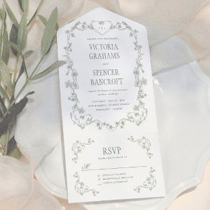 Sage Green Vintage Floral Wedding All In One Invitation