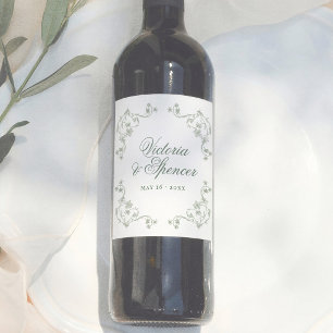 Sage Green Vintage Floral Wedding Wine Label