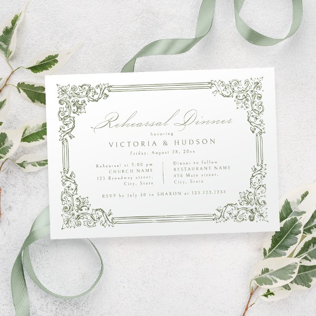 Sage Green Vintage Frame Elegant Rehearsal Dinner Invitation (Sage Green Vintage Frame Elegant Rehearsal Dinner Invitation)