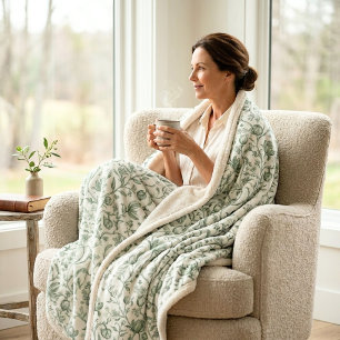 Sage Green Vintage Garden French Floral Toile Sherpa Blanket