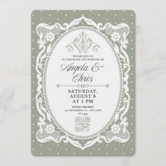 Sage Green Vintage Lace Wedding Invitation QR RSVP