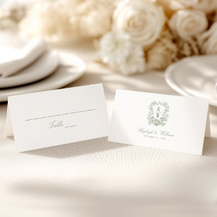 Sage Green Vintage Monogram Crest Wedding Place Card