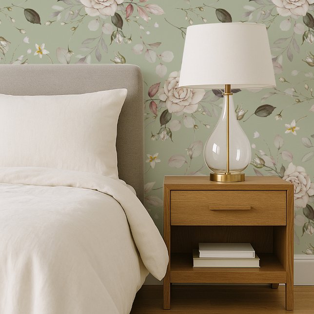 Sage Green Vintage Rose Botanical Wallpaper (Creator Uploaded)