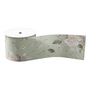 Sage Green Vintage Rose Floral  Grosgrain Ribbon