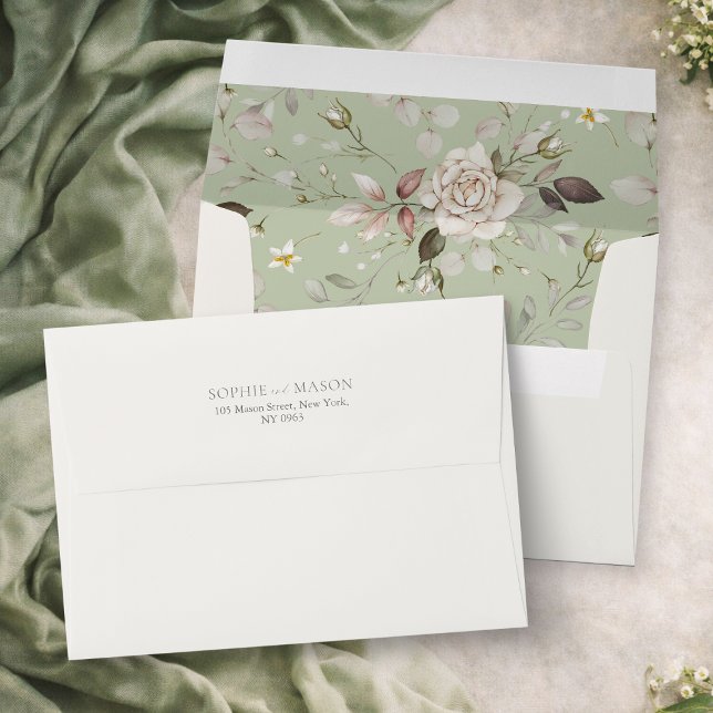 Sage Green Vintage Rose Wedding Envelope (Creator Uploaded)