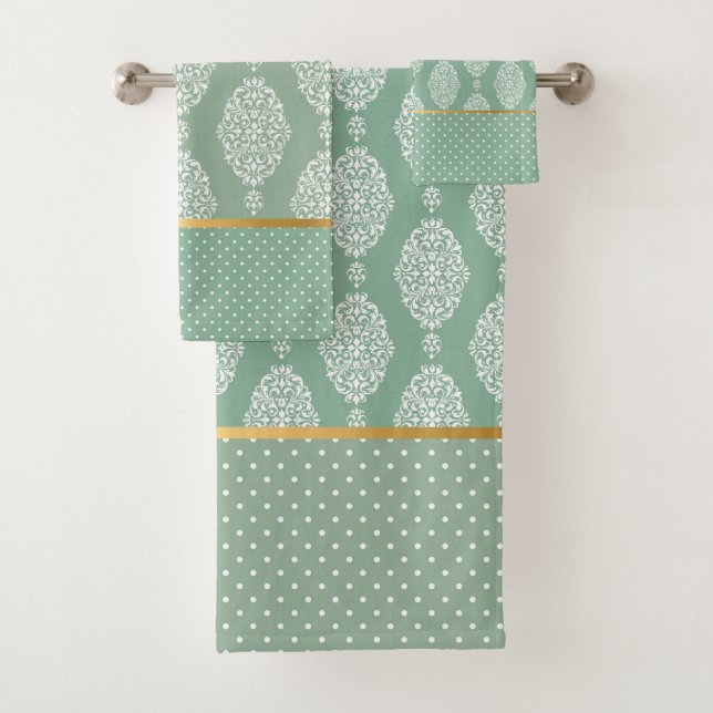 SAGE GREEN VINTAGE SPOT GOLD BATHROOM TOWEL SET (Insitu)