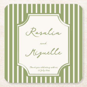 Sage green vintage stripes wedding favours custom square paper coaster