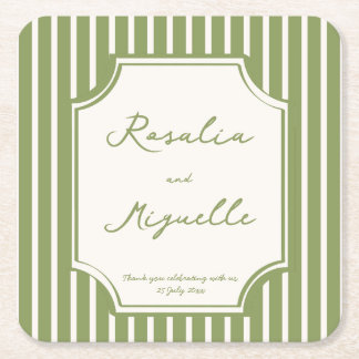Sage green vintage stripes wedding favours custom square paper coaster