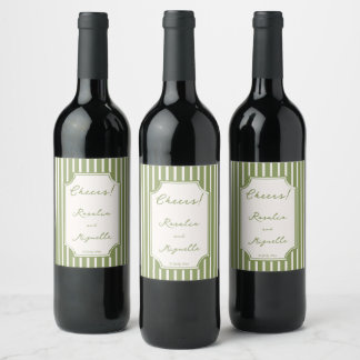 Sage green vintage stripes wedding favours custom wine label