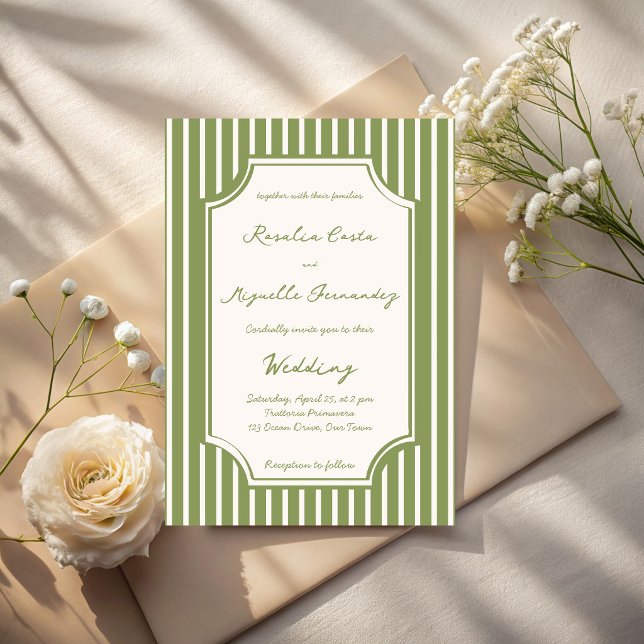 Sage green vintage stripes wedding invitation (Sage green vintage stripes hand writing wedding invitation cards template elegant retro wedding card)