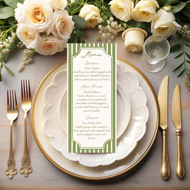 Sage green vintage stripes wedding menu (Sage green hand drawn vintage stripes personalized wedding menu cards)