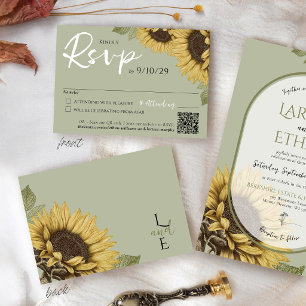Sage Green Vintage Sunflower QR Code Wedding RSVP Card