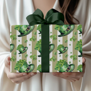 Sage Green Vintage White Stripe Cute Clover Hat Wrapping Paper