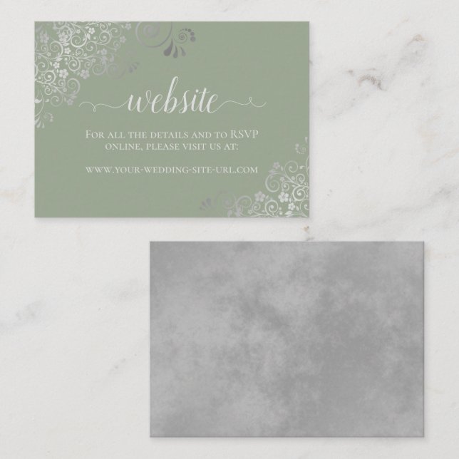Sage Green w/ Elegant Silver Lace Wedding Website Enclosure Card (Front/Back)