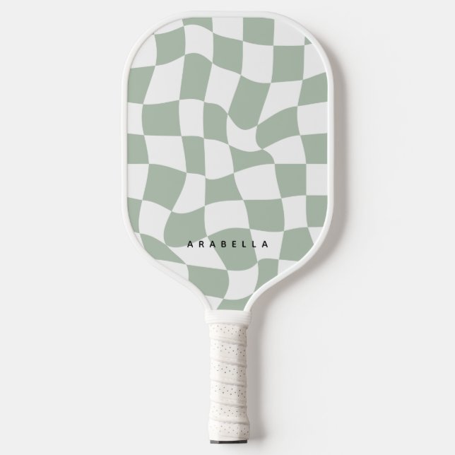 Sage Green Warped Chequerboard Pickleball Paddle (Front)
