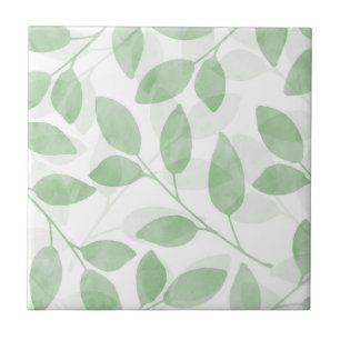 Sage Green Watercolor Abstract Leaves Ceramic Tile