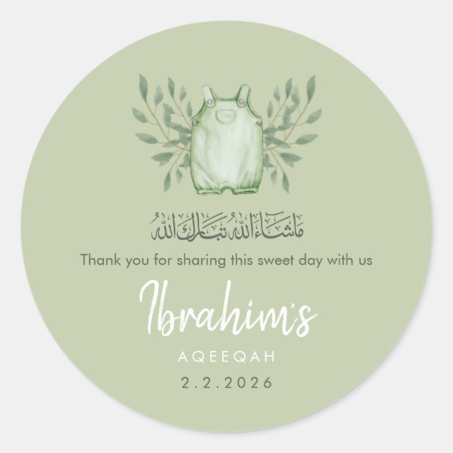 Sage Green Watercolor Baby Boy Aqeeqah Classic Round Sticker (Front)