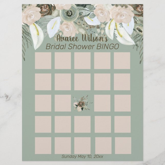 Sage Green Watercolor Bridal Shower Bingo Flyer (Front)